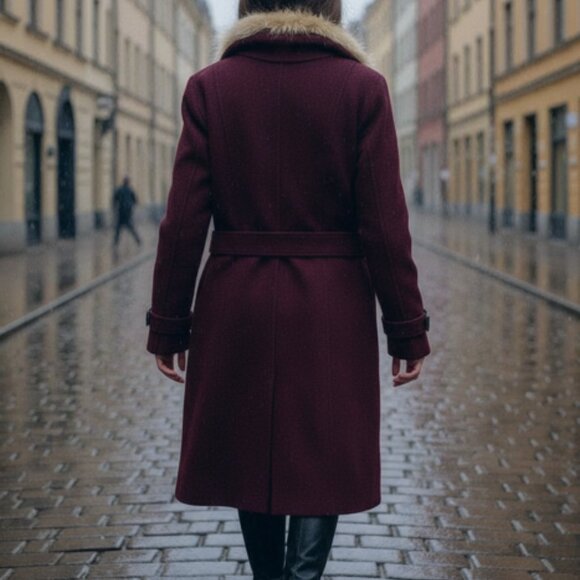 Soia and Kyo Womens Merlot wool jacket with detachable faux fur collar Size L - Picture 2 of 8